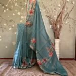 Floral Zari check Tussar Blue