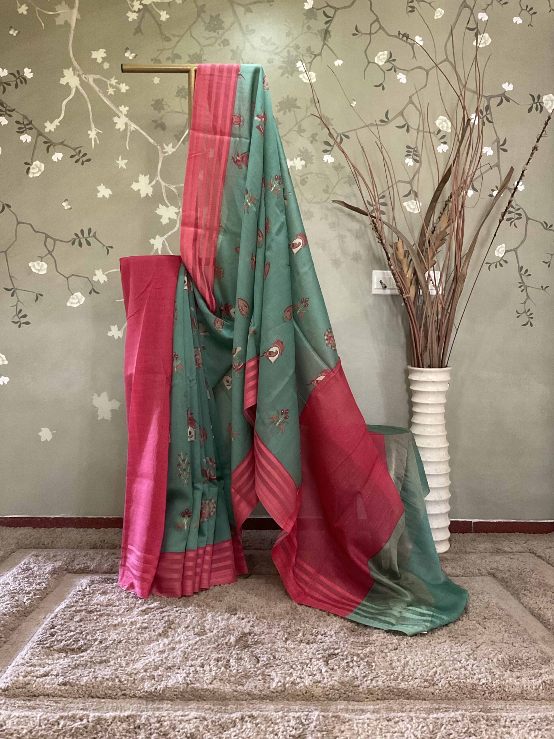 IMG_3704 Resham Border Block Printed Chanderi Green - Image 1