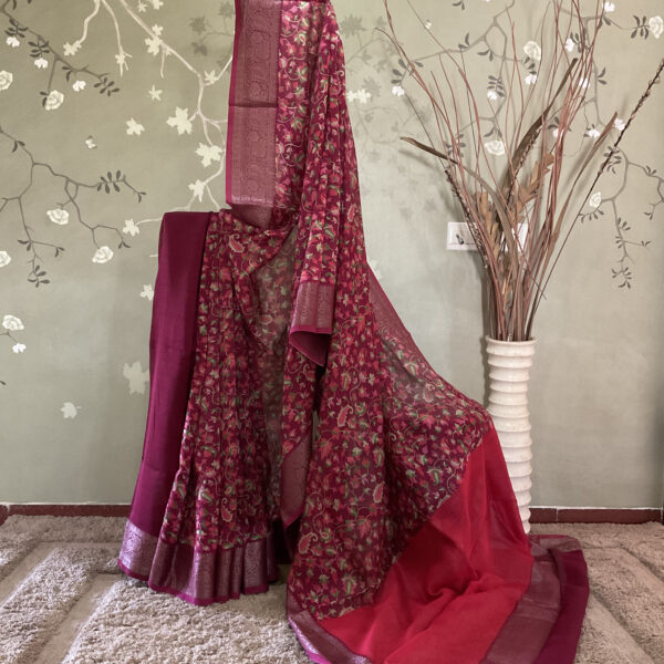 Resham Border Floral Chanderi Red